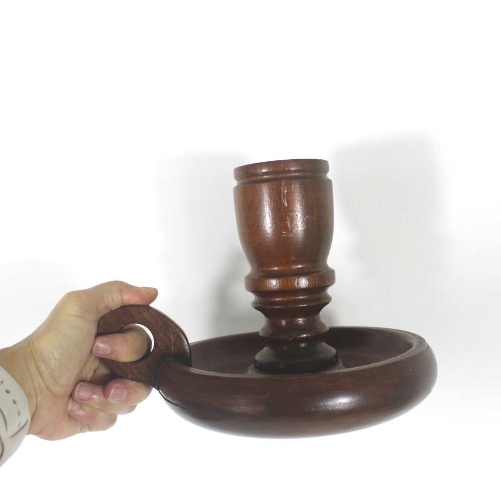 70’s Folk Art Turned Wood Candleholder Handmade Large Chamber stick Chamberstick